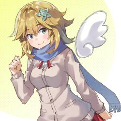 Rule 34 | 1girl, angel wings, blonde hair, blue scarf, blush, cardigan, collaboration, dutch angle, flower, gabriel dropout, green eyes, hackwaltz, hair flaps, hair flower, hair ornament, highres, looking at viewer, mzrz, scarf, school uniform, short hair with long locks, sketch, smile, solo, tapris chisaki sugarbell, upper body, wings, yellow background