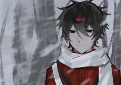 Rule 34 | 1boy, black hair, chinese commentary, closed mouth, commentary request, hair between eyes, jacket, li yuting (male), looking at viewer, male focus, misumisou, outdoors, parody, portrait, red jacket, rkdexiaohuangya, scarf, smile, snowing, solo, touqi guaitan, white scarf