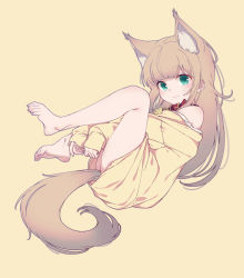 Rule 34 | 1girl, 40hara, :3, animal collar, animal ear fluff, animal ears, bare legs, barefoot, between legs, cat ears, cat girl, cat tail, collar, curled up, extra ears, full body, green eyes, hand between legs, kinako (40hara), light brown hair, long hair, long sleeves, looking at viewer, off shoulder, original, simple background, sleeves past wrists, smile, sweater, tail, yellow background