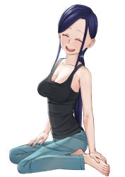 Rule 34 | 1girl, ^ ^, barefoot, blue hair, breasts, cleavage, closed eyes, denim, easy (aqk7bdqt), closed eyes, facing viewer, feet, hands on feet, jeans, long hair, low ponytail, medium breasts, open mouth, pants, sidelocks, simple background, sitting, smile, solo, tokedase! mizorechan, very long hair, white background