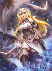Rule 34 | 1girl, armor, armored dress, bare shoulders, bird, blonde hair, blue eyes, breasts, chain, cloud, cloudy sky, commentary request, fate (series), faulds, flag, flower, fur trim, gauntlets, greaves, headpiece, jeanne d&#039;arc (fate), jeanne d&#039;arc (ruler) (fate), jeanne d&#039;arc (third ascension) (fate), kakumayu, large breasts, light rays, looking at viewer, open mouth, revision, sky, sleeveless, solo, sunbeam, sunlight, sword, teeth, thighhighs, walking, weapon