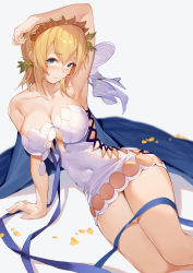 Rule 34 | 1girl, argyle, argyle clothes, argyle cutout, arm up, armpits, bad id, bad pixiv id, bare shoulders, blonde hair, blue cape, blue eyes, blue ribbon, blush, breasts, cape, cleavage, closed mouth, clothing cutout, collarbone, dress, europa (granblue fantasy), granblue fantasy, hair between eyes, hair ornament, hana mori, highres, large breasts, looking at viewer, ribbon, short hair, side cutout, simple background, sitting, solo, thighs, tiara, white background, white dress