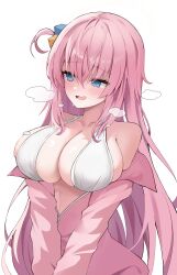 Rule 34 | 1girl, @ @, absurdres, bikini, bikini under clothes, blush, bocchi the rock!, breasts, breath, cleavage, collarbone, cube hair ornament, gotoh hitori, hair ornament, highres, jacket, jacket partially removed, large breasts, linea alba, long hair, long sleeves, naseul 777, nervous smile, one side up, partially unzipped, pink hair, pink jacket, sideboob, simple background, skindentation, smile, solo, string bikini, swimsuit, track jacket, upper body, very long hair, white background, white bikini