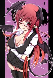 Rule 34 | 1girl, :q, bat wings, bespectacled, black thighhighs, breasts, cleavage, demon tail, female focus, glasses, head wings, highres, koakuma, long hair, pointy ears, red eyes, red hair, sawade, skirt, solo, tail, thighhighs, tongue, tongue out, touhou, wings, zettai ryouiki