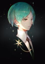 Rule 34 | 1other, androgynous, aqua eyes, aqua hair, black background, black necktie, chain, closed mouth, expressionless, gem uniform (houseki no kuni), gold chain, gradient background, half-closed eyes, houseki no kuni, light particles, looking away, matching hair/eyes, necktie, other focus, parted bangs, phosphophyllite, shatter, short hair, solo, songjikyo, tie clip, tsurime, upper body