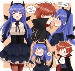 Rule 34 | 1boy, 1girl, blue eyes, blue hair, blush, cape, couple, demon girl, demon tail, demon wings, dress, fire emblem, fire emblem: the binding blade, gloves, hetero, lilina (fire emblem), long hair, looking at another, nintendo, pantyhose, red hair, roy (fire emblem), short hair, simple background, smile, tail, wings, wspread