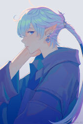 Rule 34 | 1boy, ahoge, alphinaud leveilleur, alternate costume, blue background, blue hair, blue jacket, braid, braided ponytail, collared jacket, commentary, earclip, earrings, elezen, elf, expressionless, final fantasy, final fantasy xiv, from side, hair between eyes, hair tubes, hand on own face, hand up, highres, jacket, jewelry, komoshita, long hair, looking at viewer, looking to the side, male focus, parted lips, pointy ears, profile, sideways glance, simple background, single braid, solo, upper body