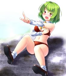 Rule 34 | 1girl, adapted costume, aka tawashi, ascot, bare shoulders, blush, bra, breasts, brown footwear, commentary request, green hair, highres, kazami yuuka, loafers, long sleeves, medium breasts, midriff, navel, open mouth, panties, plaid, plaid bra, plaid panties, pointing, red eyes, shadow, shirt, shoe soles, shoes, short hair, sitting, socks, solo, thighs, torn clothes, torn shirt, torn sleeves, touhou, underwear, v-shaped eyebrows, white shirt, white socks, yellow ascot