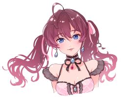 Rule 34 | 1girl, ahoge, bare shoulders, blue eyes, breasts, brooch, center frills, cleavage, collarbone, cropped torso, frills, hair between eyes, highres, ichinose shiki, idolmaster, idolmaster cinderella girls, idolmaster cinderella girls starlight stage, jewelry, long hair, looking at viewer, medium breasts, open mouth, pearl choker, purple hair, rakkopower, ribbon, simple background, smile, solo, twintails, upper body, wavy hair, white background