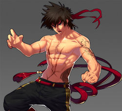 Rule 34 | 00s, 1boy, brown hair, clenched hand, dungeon and fighter, fighter (dungeon and fighter), fighting stance, grey background, headband, lvlv, male fighter (dungeon and fighter), male focus, muscular, nipples, open mouth, scar, topless male, solo, striker (dungeon and fighter)
