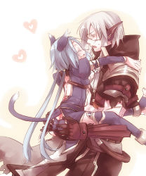 Rule 34 | 1boy, 1girl, animal ears, arumat p. thanatos, ass, blue hair, blue thighhighs, butt crack, cape, cat ears, cat tail, closed eyes, coat, couple, ear covers, glomp, gloves, hand on ass, height difference, hetero, hidu aki, hizuki (hidu aki), hug, long hair, low twintails, meracle chamlotte, open mouth, panties, pants, pointy ears, scar, sidelocks, smile, star ocean, star ocean the last hope, sweatdrop, tail, thighhighs, torn clothes, twintails, underwear, white hair