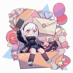 Rule 34 | 1girl, :&gt;, absurdres, balloon, blue eyes, box, character doll, chibi, commentary request, envelope, full body, ganezugarrrrr, girls&#039; frontline, girls&#039; frontline neural cloud, gloves, hair bobbles, hair ornament, handheld game console, headphones, heterochromia, highres, in box, in container, jacket, keyboard (computer), kneehighs, mdr (girls&#039; frontline), multicolored hair, nanaka (neural cloud), nintendo ds, nintendo switch, one side up, pink eyes, ribbon, shoes, smile, socks, solo, streaked hair