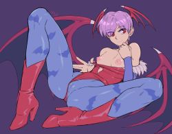 Rule 34 | 1girl, animal print, bare shoulders, bat print, bat wings, blue pantyhose, boots, breasts, capcom, clothing aside, demon girl, eyes visible through hair, full body, head wings, high heel boots, high heels, highres, ittla, leotard, leotard aside, lilith aensland, nipples, pantyhose, print legwear, pulling own clothes, red eyes, short hair, small breasts, smile, solo, spread legs, thighhighs, vampire (game), wings