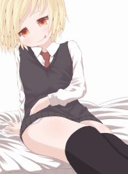 Rule 34 | 1girl, :p, arm support, bed, black thighhighs, blonde hair, blush, bottomless, dress shirt, female focus, maromi gou, necktie, no pants, red eyes, rumia, shirt, short hair, sitting, smile, solo, sweater vest, thighhighs, tongue, tongue out, touhou, white background