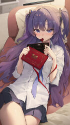 Rule 34 | 1girl, absurdres, black skirt, blue archive, blue necktie, blush, box, box of chocolates, buttons, candy, chocolate, chocolate heart, collared shirt, couch, cowboy shot, enokinoko1010, food, halo, heart, highres, indoors, long hair, looking at viewer, lying, mechanical halo, millennium science school logo, mouth hold, necktie, on back, on couch, pleated skirt, purple eyes, purple hair, shirt, skirt, sleeves past elbows, solo, thighs, two side up, white shirt, yuuka (blue archive)