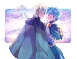Rule 34 | 1boy, 1girl, birds, blue eyes, blue hair, blush, byleth (fire emblem), byleth (male) (fire emblem), cloud, couple, fire emblem, fire emblem: three houses, green hair, hand on another&#039;s face, hetero, highres, looking at another, marianne von edmund, nintendo, phantasananas, sky, smile