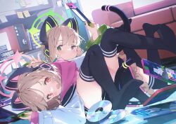 Rule 34 | 2girls, animal ear headphones, animal ears, blonde hair, blue archive, cat tail, closed mouth, coach, controller, expressionless, fake animal ears, game controller, green eyes, halo, hand on another&#039;s head, headphones, highres, hoji (hooooooooji1029), holding, holding controller, holding game controller, indoors, jacket, looking at another, lying on person, medium hair, midori (blue archive), momoi (blue archive), multiple girls, no shoes, open clothes, open jacket, open mouth, pink eyes, red eyes, shirt, siblings, sisters, skirt, smile, tail, thighhighs, thighs, twins, white shirt