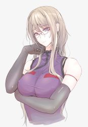 Rule 34 | 1girl, akiyama cz4a, bare shoulders, blonde hair, bra, breasts squeezed together, breasts, chinese clothes, earrings, elbow gloves, covered erect nipples, glasses, gloves, hand on own face, highres, jewelry, large breasts, long hair, mole, mole under eye, purple eyes, red-framed eyewear, semi-rimless eyewear, skindentation, smile, solo, touhou, underwear, upper body, yakumo yukari