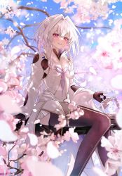 Rule 34 | 1girl, ahoge, black gloves, black pants, blue sky, breasts, cherry blossoms, diandao qin, fate/grand order, fate/prototype, fate (series), fingerless gloves, gloves, grin, highres, long hair, long sleeves, looking at viewer, medium breasts, merlin (fate/prototype), merlin (fate/prototype) (second ascension), pants, petals, purple eyes, robe, sitting, sky, smile, solo, thighs, tree, very long hair, white hair, white robe, wide sleeves