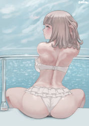 Rule 34 | 1girl, ass, back, backboob, bad id, bad pixiv id, bare shoulders, bikini, blush, breasts, brown hair, cloud, cloudy sky, commentary, commission, danganronpa (series), danganronpa 2: goodbye despair, feet out of frame, flipped hair, frilled bikini, frills, from behind, hand in own hair, highres, horizon, large breasts, looking at viewer, looking back, nanami chiaki, ocean, official alternate costume, railing, red eyes, short hair, sitting, sky, solo, swimsuit, water, wedgie, white bikini, zefrableu