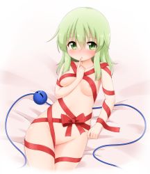 Rule 34 | 1girl, arm support, bed sheet, blush, breasts, collarbone, commentary request, covered erect nipples, cowboy shot, finger to mouth, gradient background, green eyes, green hair, groin, hair between eyes, index finger raised, komeiji koishi, long hair, looking at viewer, lying, medium breasts, naked ribbon, navel, no headwear, on back, parted lips, red ribbon, ribbon, shiny skin, sidelocks, solo, stomach, suwa yasai, thighs, third eye, touhou, white background