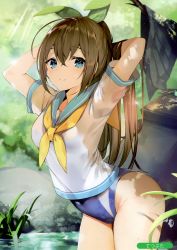 Rule 34 | 1girl, absurdres, arched back, arms behind head, arms up, black skirt, blue eyes, blue one-piece swimsuit, branch, breasts, brown hair, competition swimsuit, cowboy shot, groin, hair ribbon, highres, long hair, looking at viewer, melonbooks, miniskirt, neckerchief, one-piece swimsuit, pleated skirt, ribbon, sailor collar, sailor shirt, scan, shirt, short sleeves, skirt, unworn skirt, small breasts, solo, swimsuit, swimsuit under clothes, tetsubuta, thighs, water, wet, white shirt, yellow neckerchief