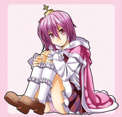 1girl alto-00 cape crown female_focus highres macaron_(twinkle_crusaders) panties pantyshot pink_hair pink_panties sitting solo twinkle_crusaders underwear