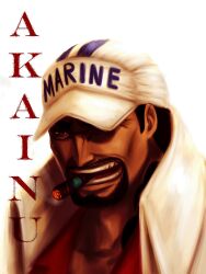 Rule 34 | 1boy, baseball cap, black hair, character name, cigar, cigarette, english text, facial hair, goatee, hat, hat over one eye, highres, male focus, mouth hold, mustache, noldien, one piece, open mouth, sakazuki (akainu), short hair, simple background, smoking, solo, teeth, white background, white hat