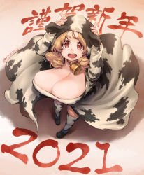 Rule 34 | 1girl, 2021, :d, animal ears, animal print, arms up, black footwear, blonde hair, bouncing breasts, breasts, brown background, bursting breasts, chinese zodiac, cleavage, cloak, collar, cow ears, cow hood, cow print, cowbell, curly hair, dwarf, fake animal ears, foreshortening, from above, hands on own head, highres, hood, hood up, hooded cloak, horns pose, huge breasts, ilva (seura isago), long sleeves, looking at viewer, looking up, medium hair, new year, open mouth, original, parted bangs, patterned legwear, pigeon-toed, red collar, red eyes, seura isago, shoes, short eyebrows, shortstack, signature, skindentation, smile, solo, standing, thick eyebrows, thighhighs, translation request, year of the ox