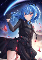 Rule 34 | 1girl, absurdres, black cape, black gloves, black shirt, black shorts, blue eyes, blue hair, blush, cape, chest harness, comet, gloves, harness, highres, hololive, hoshimachi suisei, hoshimachi suisei (shout in crisis), long hair, looking at viewer, night, night sky, official alternate costume, ponytail, shirt, shorts, shouhaku0512, sky, solo, star (sky), star (symbol), star in eye, starry sky, symbol in eye, virtual youtuber, waist cape