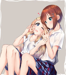 Rule 34 | 2girls, ;d, aqua eyes, ayase alisa, between legs, blonde hair, blue eyes, brown hair, collared shirt, commentary request, cross-eyed, grey background, hair ornament, hairpin, hand on another&#039;s hand, hands on another&#039;s face, heart, highres, jewelry, kosaka yukiho, long hair, love live!, love live! school idol project, mad (hazukiken), miniskirt, multiple girls, one eye closed, open mouth, plaid, plaid skirt, ring, round teeth, shirt, short hair, short sleeves, sitting, skirt, smile, teeth, upper teeth only, white shirt, yuri