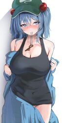 Rule 34 | 1girl, 258n, absurdres, black shirt, blue eyes, blue hair, blush, breasts, commentary request, cowboy shot, flat cap, green hat, hair bobbles, hair ornament, hat, highres, kawashiro nitori, key, large breasts, looking at viewer, shirt, simple background, solo, touhou, two side up, white background