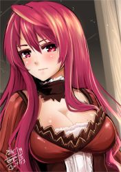 Rule 34 | 10s, 1girl, breasts, cleavage, colored eyelashes, dated, fur trim, go-it, hair between eyes, large breasts, long hair, looking at viewer, maou (maoyuu), maoyuu maou yuusha, red eyes, red hair, serious, simple background, solo, yuusha (maoyuu)