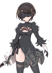 Rule 34 | 1girl, 2b (nier:automata) (cosplay), black dress, black hair, black hairband, black thighhighs, blindfold, breasts, cleavage, cleavage cutout, closed mouth, clothing cutout, cosplay, cowboy shot, dress, facing viewer, gloves, groin, hair ornament, hairband, highres, holding, holding sword, holding weapon, hololive, itamochi, juliet sleeves, leotard, long sleeves, medium breasts, nier:automata, nier (series), oozora subaru, puffy sleeves, short dress, short hair, simple background, smile, solo, standing, sword, thighhighs, virtual youtuber, weapon, white background, white gloves, white leotard
