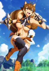 Rule 34 | 1girl, :d, absurdres, animal ears, antenna hair, arc system works, bare shoulders, black gloves, black panties, black thighhighs, blazblue, blue sky, blurry, boots, breasts, brown eyes, brown hair, clenched hand, cloud, collarbone, collared shirt, commentary, crop top, crossed bangs, day, depth of field, dual wielding, english commentary, fingerless gloves, gloves, grass, groin, hair between eyes, hands up, highleg, highleg panties, highres, holding, kellzallday, knee boots, large breasts, makoto nanaya, multicolored hair, navel, open mouth, orange footwear, orange shirt, orange skirt, outdoors, panties, patreon username, revealing clothes, shirt, short hair, sidelocks, skirt, sky, smile, solo, squirrel ears, squirrel girl, squirrel tail, standing, standing on one leg, stomach, tail, teeth, thighhighs, tonfa, two-tone hair, underboob, underwear, upper teeth only, weapon