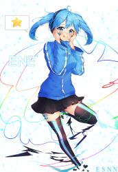 Rule 34 | 1girl, :q, :t, black skirt, blue eyes, blue hair, blue jacket, blush, breasts, character name, digital dissolve, ene (kagerou project), esanano, facial mark, full body, hands on own cheeks, hands on own face, headphones, highres, jacket, kagerou project, leg up, long sleeves, medium breasts, medium hair, miniskirt, signature, skirt, smile, solo, spoken star, thighhighs, tongue, tongue out, track jacket, twintails, zipper