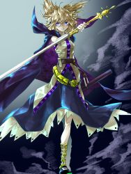 Rule 34 | 1girl, belt, blonde hair, blouse, blue cape, blue eyes, blue footwear, blue skirt, cape, closed mouth, full body, gold, hair between eyes, hasukurira, headphones, highres, holding, holding sword, holding weapon, looking at viewer, medium hair, pointy hair, sandals, sheath, shirt, skirt, sleeveless, sleeveless shirt, smile, solo, standing, sword, touhou, toyosatomimi no miko, weapon