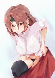 Rule 34 | 1girl, bent over, black panties, blouse, bra visible through clothes, bralines, breasts, brown eyes, brown hair, chiyoda (kancolle), dou tanuki, headband, highres, kantai collection, large breasts, looking at viewer, medium breasts, panties, red skirt, see-through, shirt, simple background, skirt, skirt hold, thighhighs, underwear, white shirt