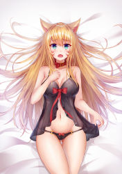 Rule 34 | 1girl, :o, animal ears, babydoll, bare arms, bare shoulders, belt buckle, belt collar, black panties, blonde hair, blue eyes, bow, bow panties, bowtie, breasts, breasts apart, buckle, clothes lift, collar, collarbone, commentary request, cowboy shot, facial mark, fang, fox ears, gluteal fold, groin, hair spread out, hand on own chest, highres, large breasts, lingerie, lkeris, long hair, looking at viewer, lying, navel, on back, on bed, open mouth, original, panties, red bow, sidelocks, solo, stomach, sweat, tearing up, thigh gap, thighs, underwear