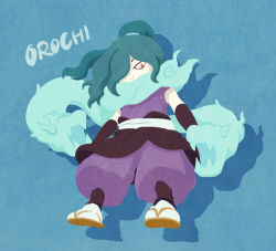 Rule 34 | 10s, 1boy, black gloves, chuno, elbow gloves, full body, gloves, green hair, hair over one eye, japanese clothes, long hair, male focus, monster boy, orochi (youkai watch), ponytail, sandals, sleeveless, socks, solo, yellow eyes, traditional youkai, youkai watch