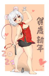 Rule 34 | 1girl, 2020, absurdres, animal, animal ears, ass, bare shoulders, black bra, black shorts, blush, bra, breasts, china dress, chinese clothes, commentary request, dress, heart, highres, holding, looking at viewer, mouse (animal), mouse ears, mouse girl, mouse tail, original, red dress, red eyes, red ribbon, renroujiang, ribbon, shorts, small breasts, solo, tail, thighhighs, translation request, underwear, white hair