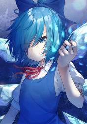 Rule 34 | 1girl, blouse, blue background, blue bow, blue dress, blue eyes, blue hair, bob cut, bow, breasts, cirno, commentary, curled fingers, dress, hair bow, hair over one eye, hand up, highres, ice, ice wings, looking at viewer, neck ribbon, puffy short sleeves, puffy sleeves, red ribbon, ribbon, serious, shirt, short hair, short sleeves, small breasts, smile, solo, tenneko yuuri, touhou, upper body, v-shaped eyes, white shirt, wings