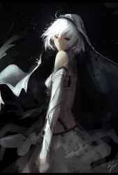 Rule 34 | 10s, 1girl, absurdres, altera (fate), bare shoulders, black background, closed mouth, commentary request, dark, dark skin, dark-skinned female, detached sleeves, expressionless, fate/extella, fate/extra, fate (series), from side, highres, looking at viewer, looking to the side, marumoru, red eyes, short hair, signature, solo, veil, white hair