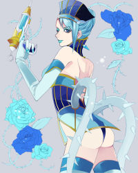 Rule 34 | 10s, 1girl, ass, backless outfit, bad id, bad pixiv id, blue eyes, blue flower, blue hair, blue rose, blue rose (tiger &amp; bunny), earrings, elbow gloves, flower, gloves, gun, hat, hoe satsuki, jewelry, karina lyle, lipstick, makeup, matching hair/eyes, plant, rose, short hair, solo, superhero costume, thorns, tiger &amp; bunny, vines, weapon
