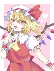 Rule 34 | 1girl, ascot, blonde hair, collared shirt, fang, finger to mouth, flandre scarlet, frilled shirt collar, frilled sleeves, frills, hair between eyes, hat, hat ribbon, looking at viewer, mob cap, multicolored wings, open mouth, puffy short sleeves, puffy sleeves, red eyes, red ribbon, red skirt, red vest, ribbon, shirt, short sleeves, side ponytail, skin fang, skirt, skirt set, sleeve ribbon, solo, touhou, vest, w0dg, white hat, white shirt, wings, wrist cuffs, yellow ascot