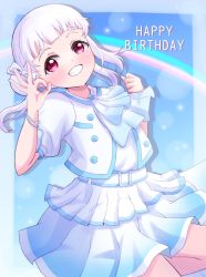 Rule 34 | 1girl, arashi chisato, artist name, artist request, bare legs, belt, blush, bow, bowtie, bracelet, breasts, buttons, clenched hand, collared shirt, cropped jacket, double bun, dress, dress shirt, female focus, floating hair, flyer&#039;s high (love live!), flyer high (love live!), hair bun, highres, jacket, jewelry, layered skirt, long hair, looking at viewer, love live!, love live! school idol festival, love live! superstar!!, miniskirt, night, night sky, ok sign, parted lips, plaid, plaid skirt, pleated, pleated skirt, puffy short sleeves, puffy sleeves, rainbow, red eyes, shirt, short hair, short sleeves, skirt, sky, small breasts, smile, solo, sparkle, twintails, wavy hair, white belt, white bow, white hair, white jacket, white shirt, white skirt