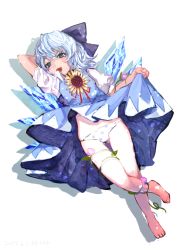 Rule 34 | 1girl, bad id, bad pixiv id, barefoot, blue bow, blue dress, blue eyes, blue hair, bow, cirno, clothes lift, dated, dress, dress lift, flower, full body, hair bow, highres, ice, ice wings, looking at viewer, lying, mochacot, on back, pale skin, panties, polka dot, polka dot panties, puffy short sleeves, puffy sleeves, red ribbon, ribbon, short dress, short sleeves, simple background, smile, solo, sunflower, tan, tanned cirno, touhou, underwear, white background, white panties, wings