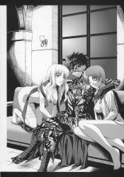 Rule 34 | 00s, 1boy, 2girls, angra mainyu (fate), ass, bazett fraga mcremitz, breasts, caren hortensia, couch, earrings, fate/hollow ataraxia, fate/stay night, fate (series), full-body tattoo, girl sandwich, greyscale, highres, jewelry, monochrome, multiple girls, nude, open clothes, open shirt, pimp, sandwiched, shirt, tattoo, topless male