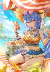 Rule 34 | 1girl, alternate costume, arrrrrry1, beach, beer bottle, beer can, bell, blue hair, blue sky, blush, breasts, can, cloud, day, drink can, eyewear on head, ganyu (genshin impact), genshin impact, highres, horns, jewelry, long hair, looking at viewer, md5 mismatch, medium breasts, navel, necklace, outdoors, parted lips, purple eyes, revision, sidelocks, sitting, sky, smile, solo, sunglasses, toy, umbrella, wariza