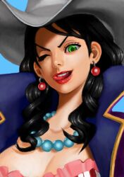 Rule 34 | 1girl, absurdres, alvida (one piece), black hair, commentary, daverudabaugh, earrings, green eyes, hat, highres, jewelry, lips, lipstick, long hair, looking at viewer, makeup, necklace, one eye closed, one piece, open mouth, pearl earrings, pearl necklace, portrait, red lips, smile, solo, tongue, tongue out, white hat